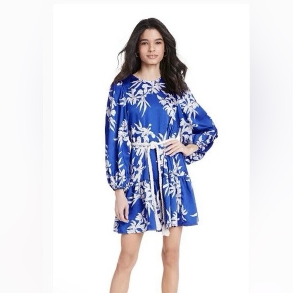 Alexis Dresses & Skirts - NWT ALEXIS Silky Blue Mini Dress Floral Print Long Balloon Sleeves Rope Tie Belt